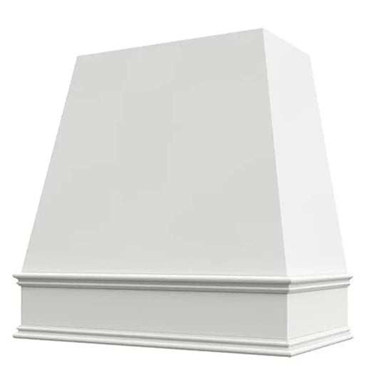 Riley & Higgs White Wood Range Hood With Tapered Front and Decorative Trim - 30", 36", 42", 48", 54" and 60" Widths Available