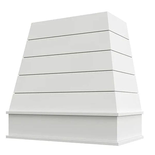 Riley & Higgs White Wood Range Hood With Tapered Shiplap Front and Block Trim - 30", 36", 42", 48", 54" and 60" Widths Available