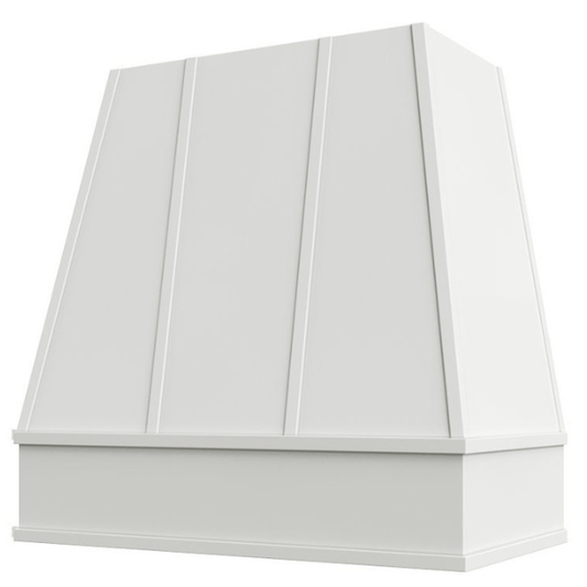 Riley & Higgs White Wood Range Hood With Tapered Strapped Front and Block Trim - 30", 36", 42", 48", 54" and 60" Widths Available