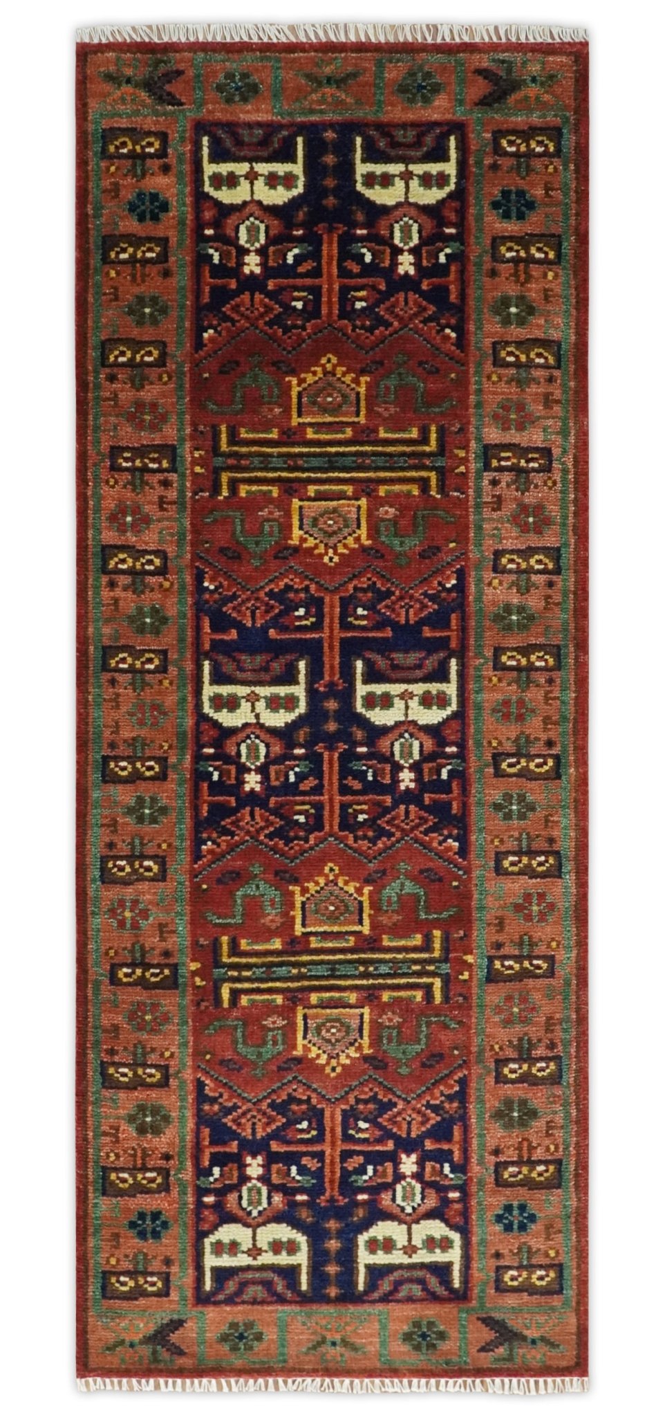 Custom Made Hand Knotted Traditional Rust And Blue Runner Wool Rug.
