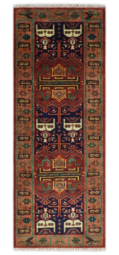 Custom Made Hand Knotted Traditional Rust And Blue Runner Wool Rug.