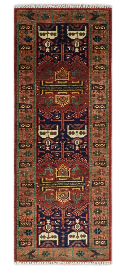 Custom Made Hand Knotted Traditional Rust And Blue Runner Wool Rug.