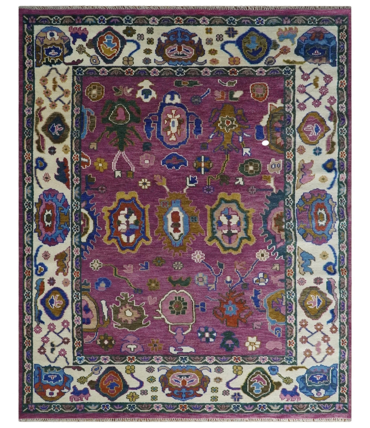 Purple And Ivory Hand knotted Modern Oushak Wool Area Rug.
