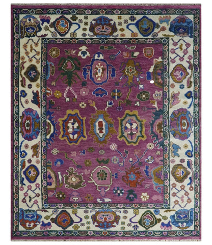Purple And Ivory Hand knotted Modern Oushak Wool Area Rug.